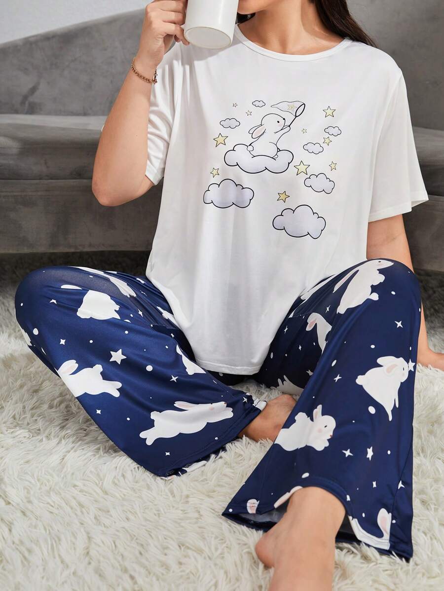 Plus Cartoon Graphic Tee & Pants PJ Set / Pajama Set - Multicolor - View 1
