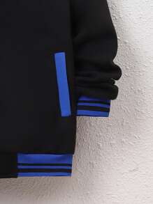 SHEIN Tween Boy Striped Trim Varsity Jacket Without Bag - Black - View 5