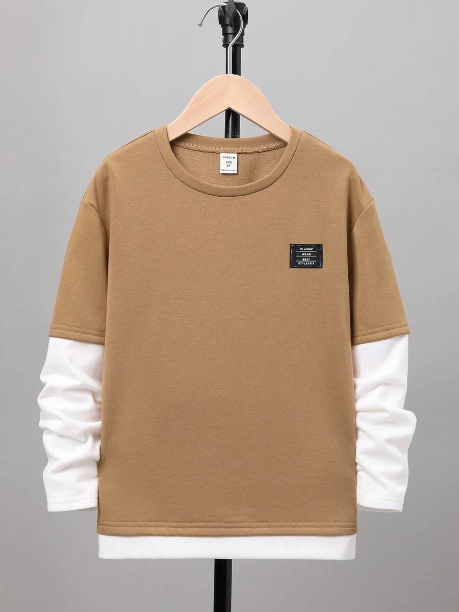 SHEIN Boys' Patch Decor Knit Crew Neck Long Sleeve T-Shirt Fall Winter - Camel - View 1