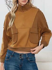 CILKOO Sudadera con bolsillo con solapa con cremallera media de hombros caídos - Marrón - Ver 3