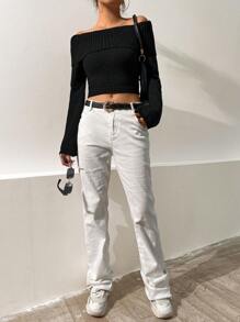 Flirla 翻领露肩短款毛衣、长袖上衣 - 黑色 - 查看 3