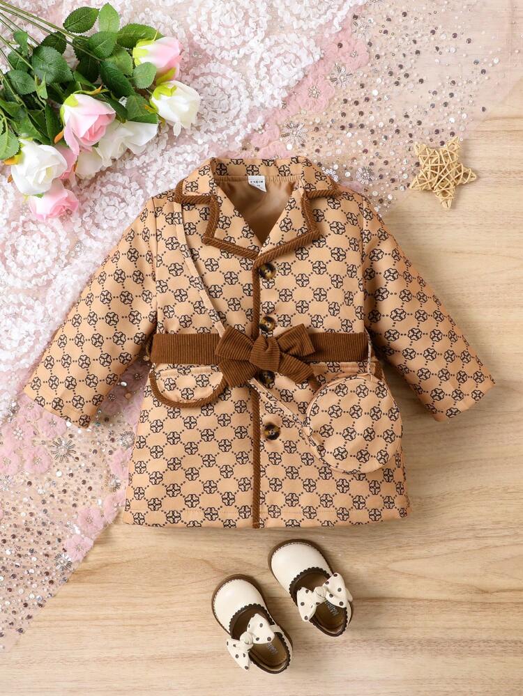 Baby Girl Allover Print Contrast Binding Belted Coat & Belt Bag