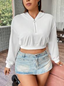 Flirla 加大码半拉链落肩短款卫衣 - 白色 - 查看 10