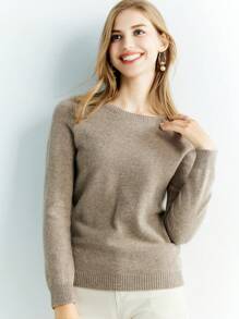 100% Merino Wool Women's Sweater Warm Soft Crewneck Basic Pullover - Camel - View 5
