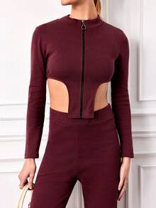 EURMUSE Wine Red Two-Piece Set With Asymmetric Hem High Neck Long Sleeved Top And Straight Pants - Burgundy - View 4
