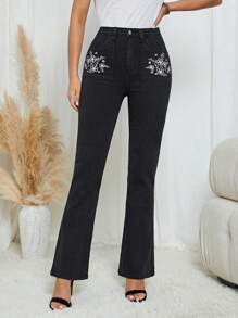 SHEIN Clasi Floral Embroidery Flare Leg Jeans