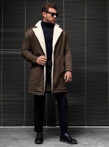 GENTILAND 1pc Loose Fit Men's Double Breasted Teddy Lined Coat - Chocolate Brown - View 5