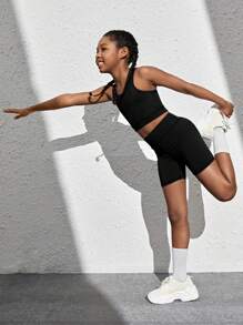 SHEIN Tween Girl Solid High Stretch Active Bra With Shorts - Black - View 5