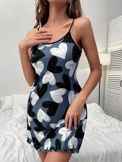 Allover Heart Print Lettuce Cami Pajama Nightdress view 5