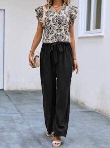 SHEIN LUNE 休閒腰帶 揉皺民族風女士兩件套 - 黑色 - 查看 3