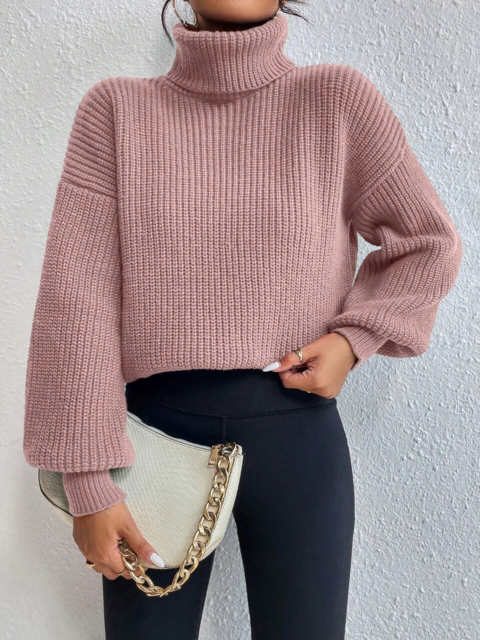 Turtleneck Drop Shoulder Knit Pullover Fall Winter Sweater