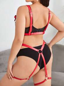 Plus Bow Front Chain Detail Harness Bra With 1pair Leg Ring - Red - View 2