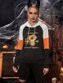 PUNK Halloween Print Raglan Sleeve Drawstring Hoodie - Black - View 5