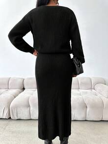 EURMUSE Drop Shoulder Sweater & Button Detail Knit Skirt - Black - View 4