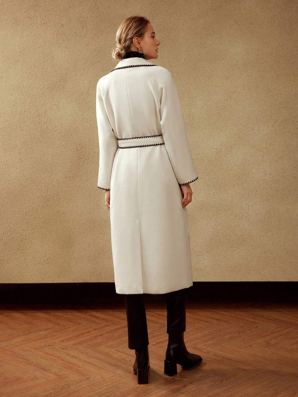 BELTED WOOL-BLEND CONTRAST STITCH COAT