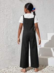 SHEIN 女大童1入組雙口袋肩上打結闊腿背帶褲 - 黑色 - 查看 2