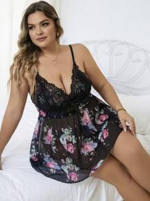 Vestido de pijama sexy sin tanga con estampado floral y encaje de contraste, ideal para vacaciones