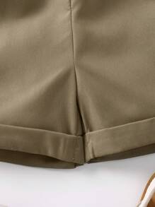 SHEIN Cô Gái Trẻ Nếp gấp cao eo Cuộn lên Hem Quần Short có thắt lưng - Màu Khaki - Xem 4