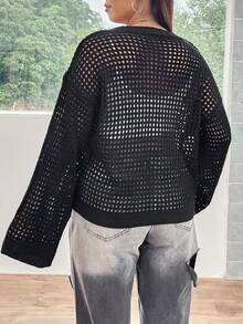 Flirla Hơn Thả vai Đan Mở Áo len Không có áo ngực - Màu xám đen - Xem 2