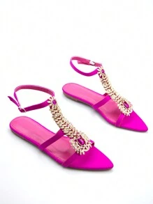 Sandalias planas de fiesta con punta puntiaguda, decoración de cadena con strass y hebilla, de licra, para mujer, elegantes, para San Valentín, primavera y verano - Rosa Fucsia - Ver 2
