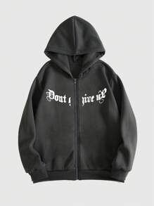 ROMWE MEN Goth Hombres Capucha esqueleto con estampado de mano y letra con forro térmico - Gris Oscuro - Ver 2