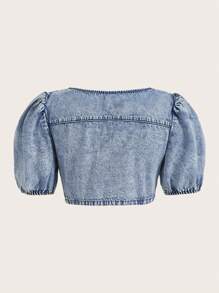 SHEIN MOD Zip Up Puff Sleeve Crop Denim Top - Medium Wash - View 2