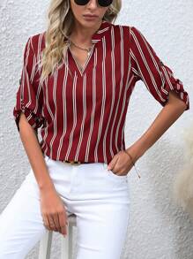 SHEIN Clasi Striped Print Roll Tab Sleeve Blouse - Red - View 3