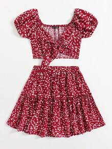 SHEIN VCAY Hơn In Toàn bộ Nút phía trước Top Cây trồng & Xù Hoa Sen Váy - Đỏ và trắng - Xem 4