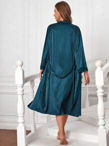 SilkySpell Conjunto de pijama con camiseta de satén con encaje en contraste y bata con cinturón, ropa de otoño e invierno - Verde Oscuro - Ver 2