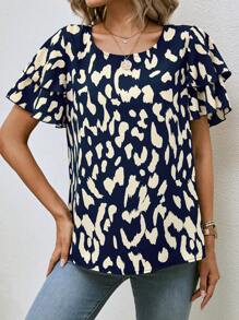 EMERY ROSE Allover Print Butterfly Sleeve Blouse,Short Sleeve Tops - Navy Blue - View 3