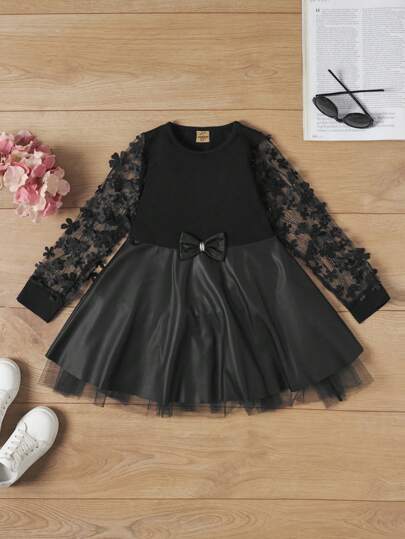 RueChic Young Girl Contrast Mesh Appliques Bow Front Dress