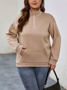 SHEIN LUNE Hơn Túi kangaroo Một nửa khóa kéo Thả vai Áo nỉ - Màu Khaki - Xem 3