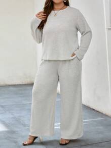 SHEIN LUNE Plus Solid Tee & Wide Leg Pants - Apricot - View 5