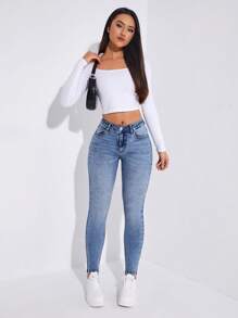 SHEIN Privé Slant Pocket Skinny Jeans - Light Wash - View 1