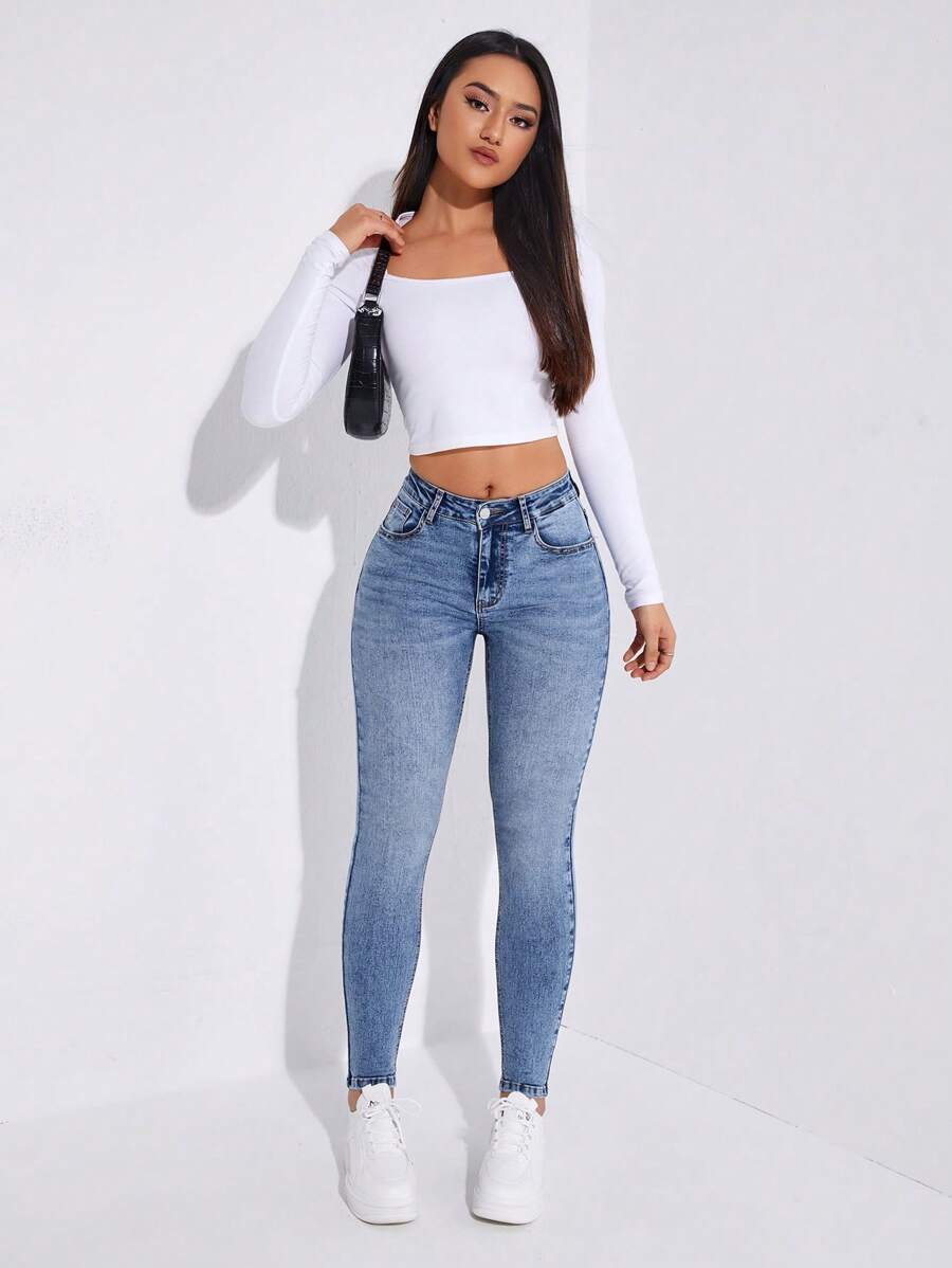 SHEIN Privé Slant Pocket Skinny Jeans - Light Wash - View 1