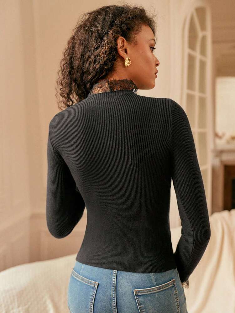 Lace Trim Mock Neck Ribbed Knit Slim Fit Sweater Winter Black Casual