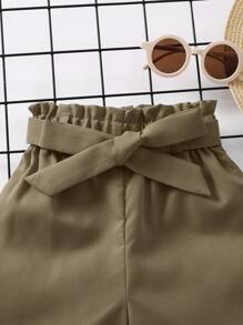 SHEIN Cô Gái Trẻ Nếp gấp cao eo Cuộn lên Hem Quần Short có thắt lưng - Màu Khaki - Xem 5