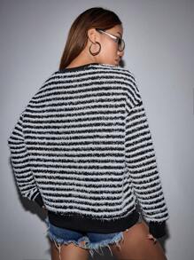 SHEIN Unity 條紋印花落肩袖運動衫 - 黑與白 - 查看 2