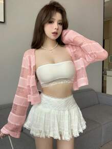 DAZY Solid Open Knit Crop Jacket Sheer - Pink - View 5