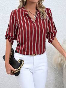 SHEIN Clasi Striped Print Roll Tab Sleeve Blouse - Red - View 5