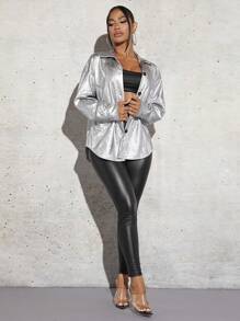 SHEIN SXY Abrigo metalizado con hombros caídos - Blanco - Ver 6