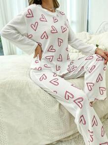 Heart Print Drop Shoulder PJ Set - White - View 3