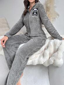 Panda & Letter Embroidery 3D Ear Design Hooded Flannel Sleep Romper, For Fall Winter - Grey - View 4