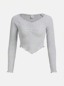 SHEIN 青少年女孩胸部褶皺木耳邊插肩袖手帕下擺T恤 - 淺灰色 - 查看 1