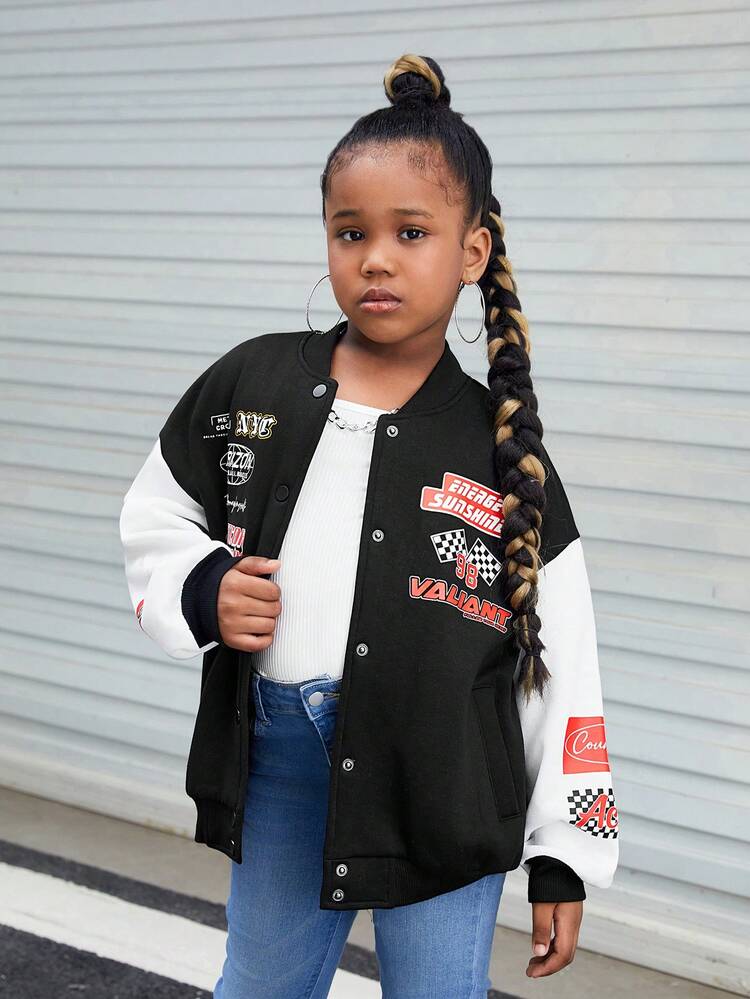 Tween Girl 1pc Letter Graphic Colorblock Drop Shoulder Bomber Jacket