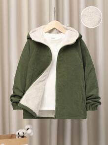 SHEIN Tween Boy 1pc Letter Embroidery Raglan Sleeve Hooded Thermal Lined Coat - Army Green - View 2