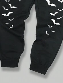 ROMWE MEN Guys Bat Letter Graphic Drawstring Hoodie & Sweatpants - Khaki - View 3