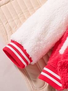 SHEIN Young Girl Letter Patched Striped Trim Teddy Jacket Without Sweater - Multicolor - View 6