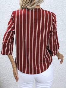SHEIN Clasi Striped Print Roll Tab Sleeve Blouse - Red - View 2