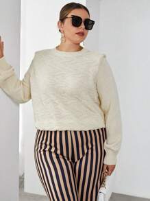SHEIN Privé 大碼素色墊肩套頭毛衣 - 米色 - 查看 1